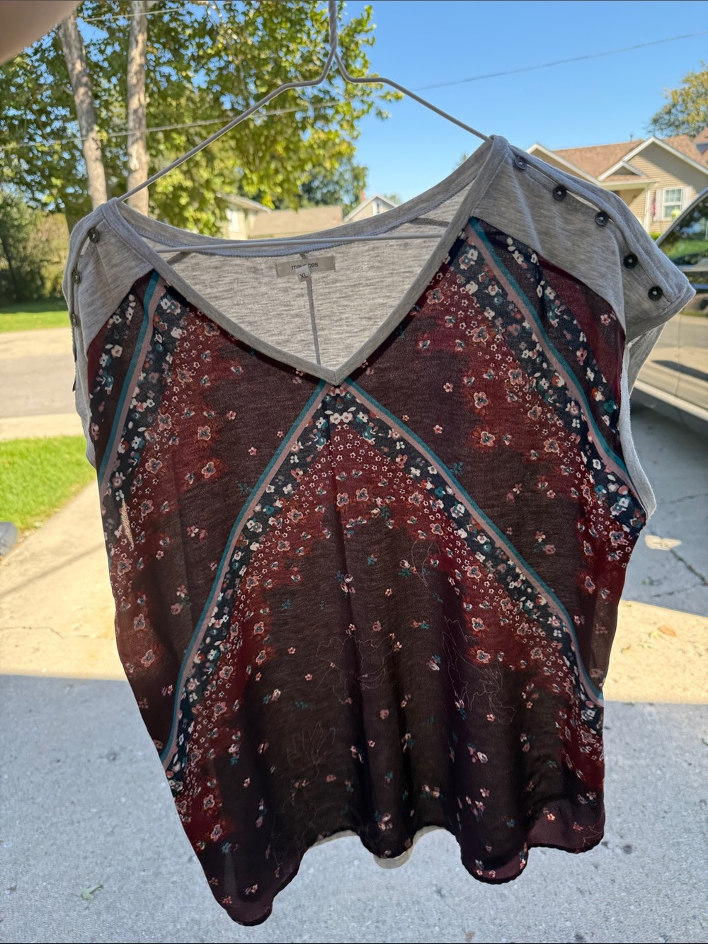 Maurices Burgundy Floral Bandana Print V-Neck Tank with Gray Trim